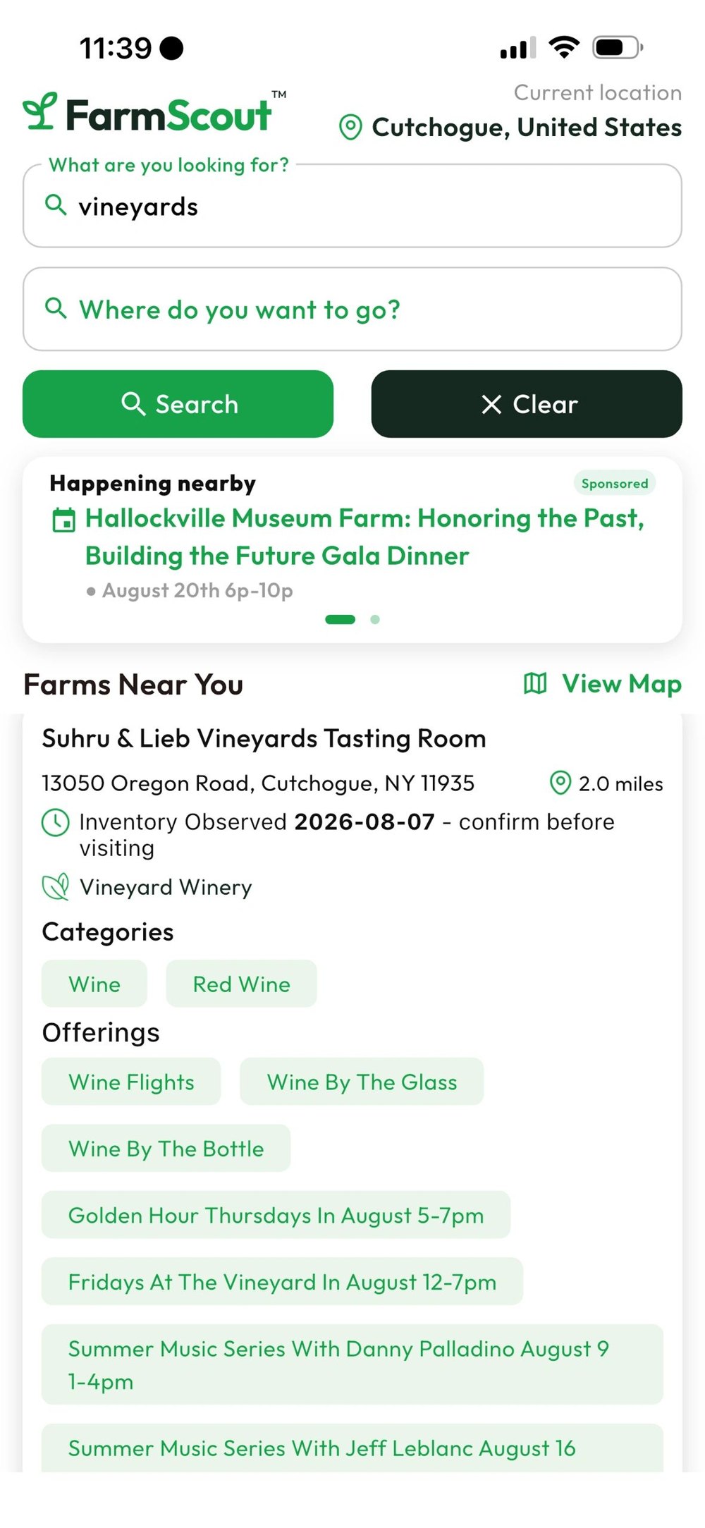 FarmScout app home screen showing a Sponsored Happening Nearby card for a farm event above the Farms Near You list