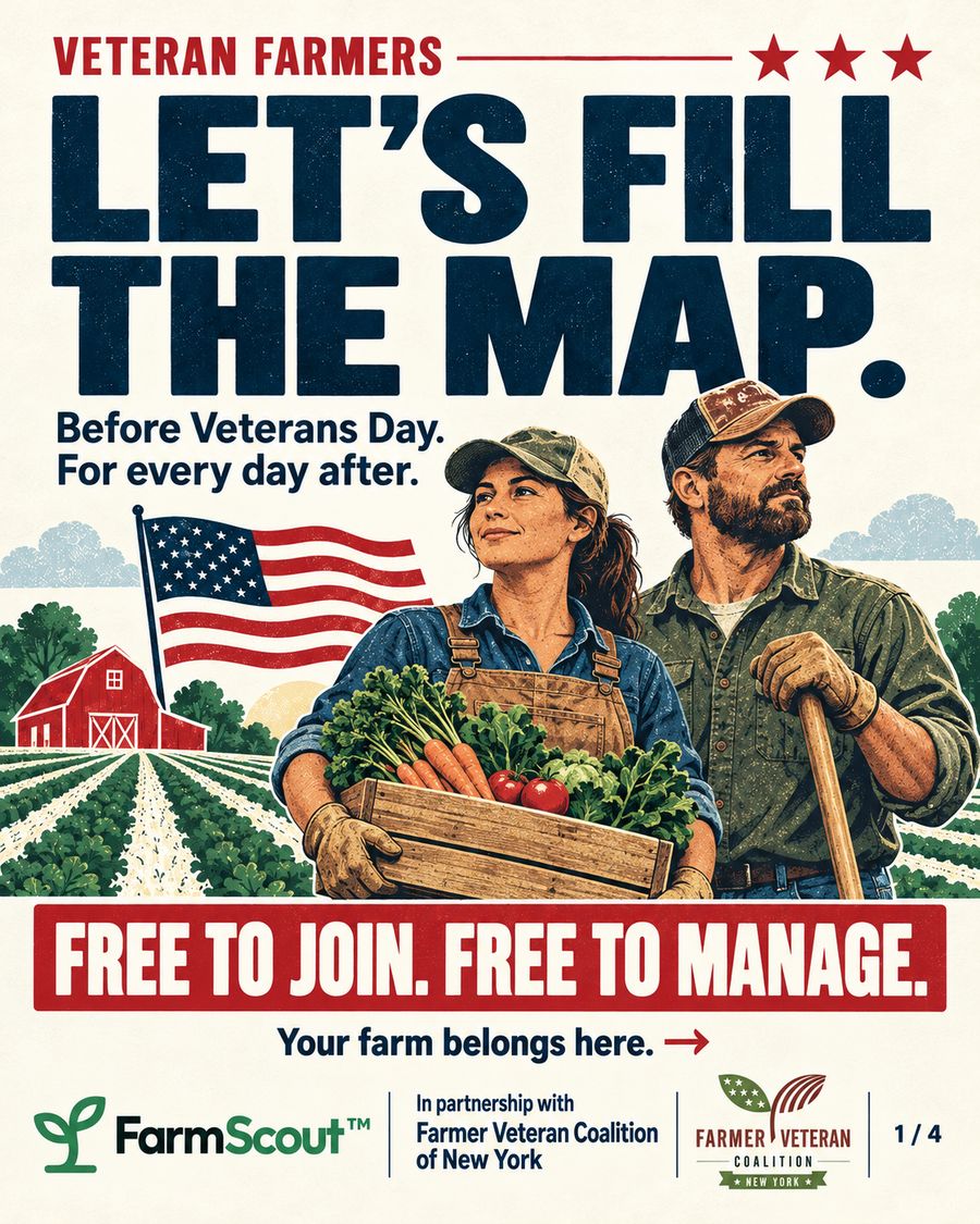 Poster: Veteran farmers, let's fill the map. Before Veterans Day, for every day after. An illustrated farmer holding a crate of vegetables beside a second farmer with a hoe, an American flag and a red barn. Free to join, free to manage.