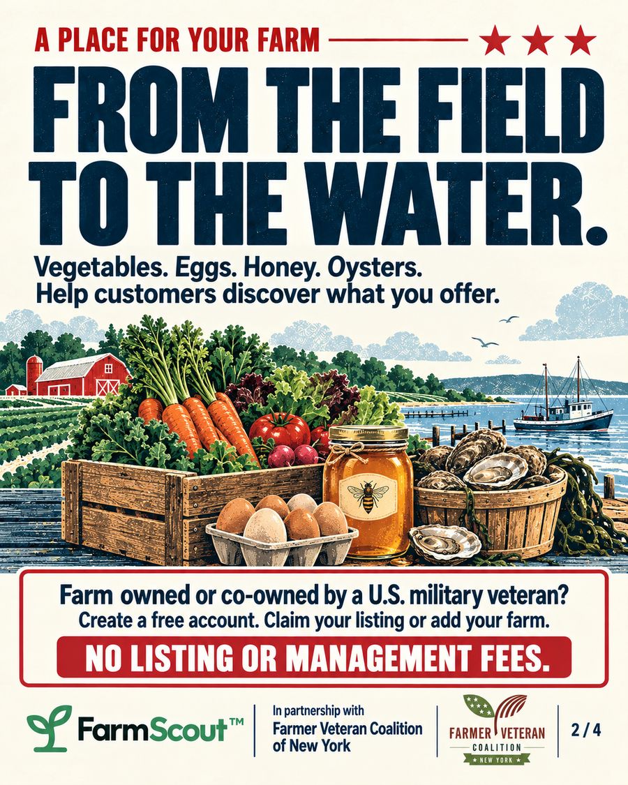 Poster: From the field to the water. Vegetables, eggs, honey and oysters on a dock with a fishing boat. Farm owned or co-owned by a U.S. military veteran? Create a free account, claim your listing or add your farm. No listing or management fees.