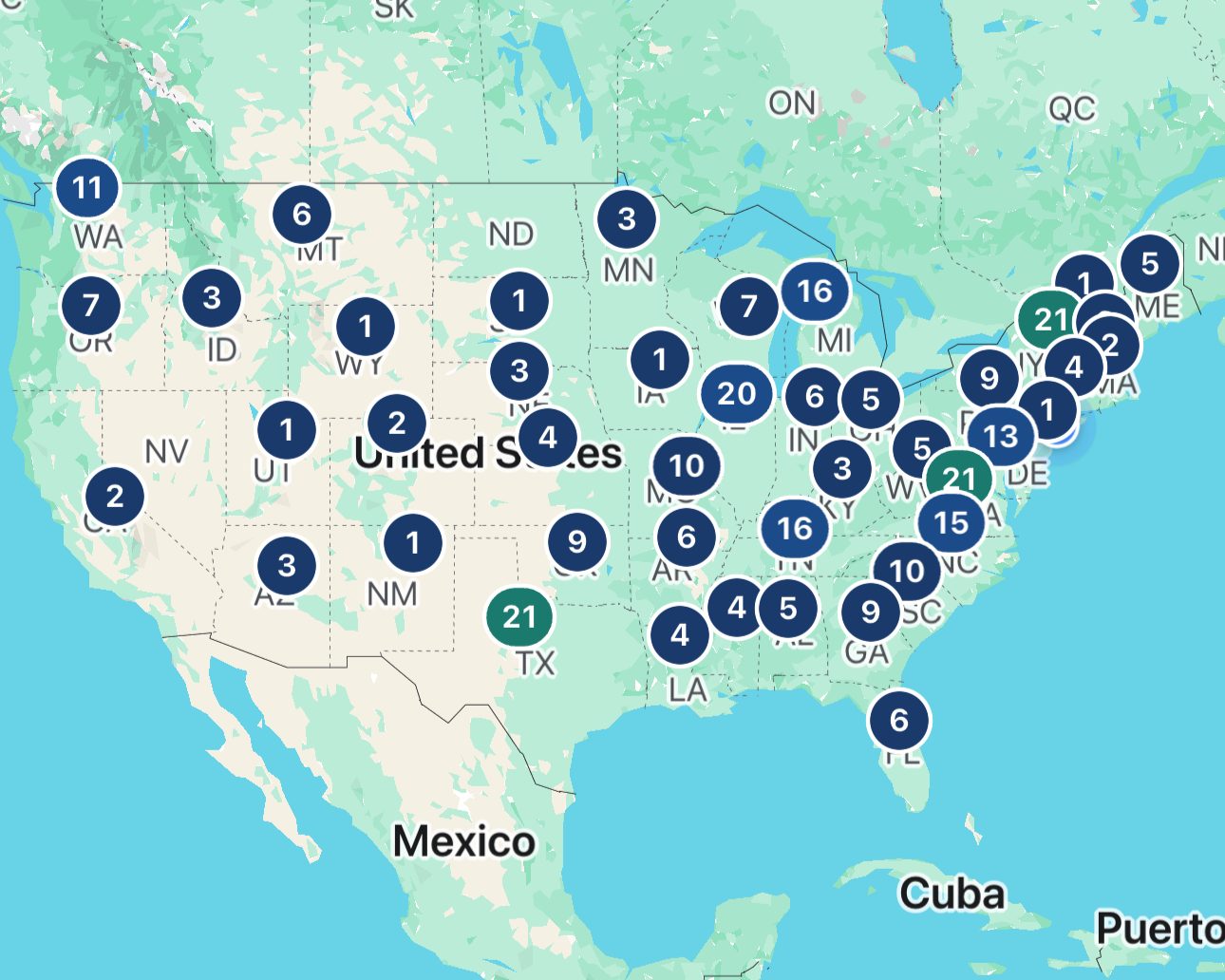 The FarmScout app map of the United States with the Veteran-Owned filter on, showing numbered bubbles of veteran-owned farms across nearly every state